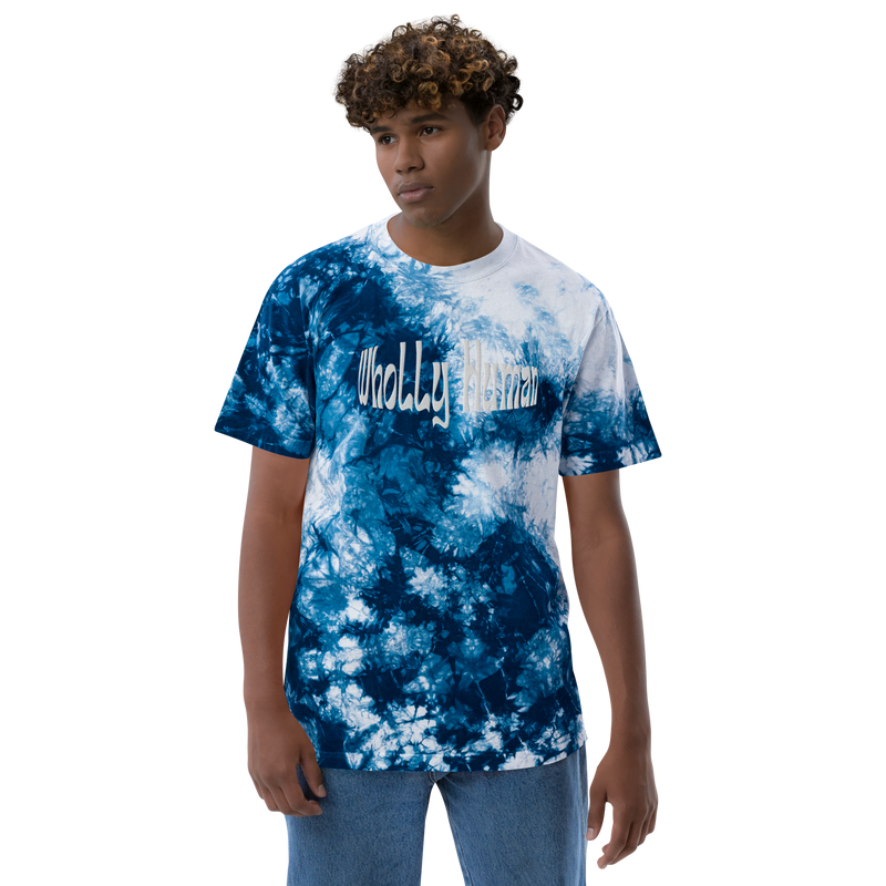 White Embroidered "Wholly Human" Oversized Tie-Dye T-shirt