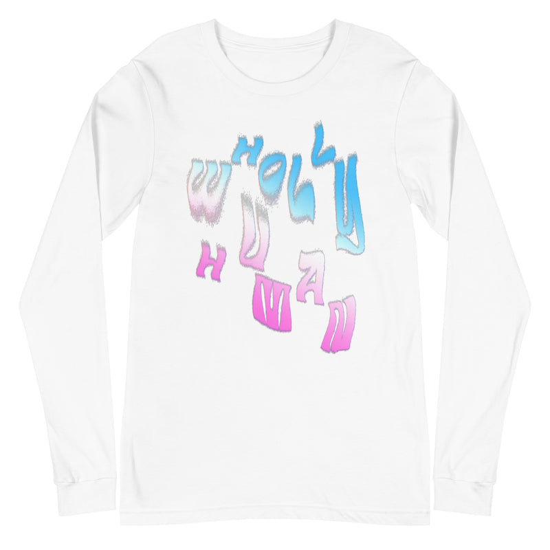 wholly human logo in trans flag colors on long sleeve tee