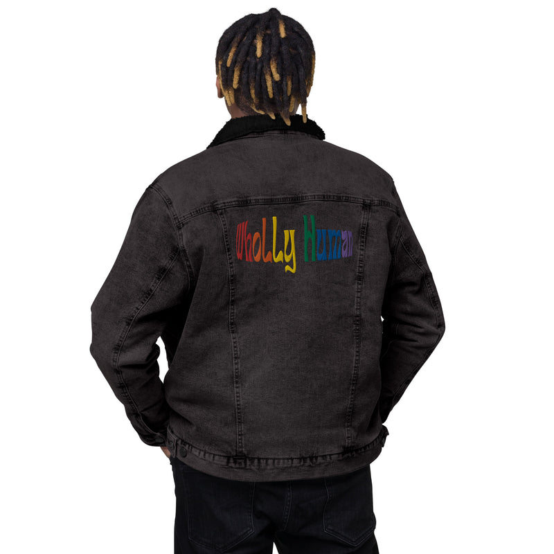 Embroidered Rainbow "Wholly Human" Denim Sherpa Jacket