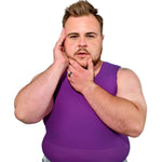 Model shows off the front view of a purple tank binder, with one hand on the side of the face, and another hand by their chin.