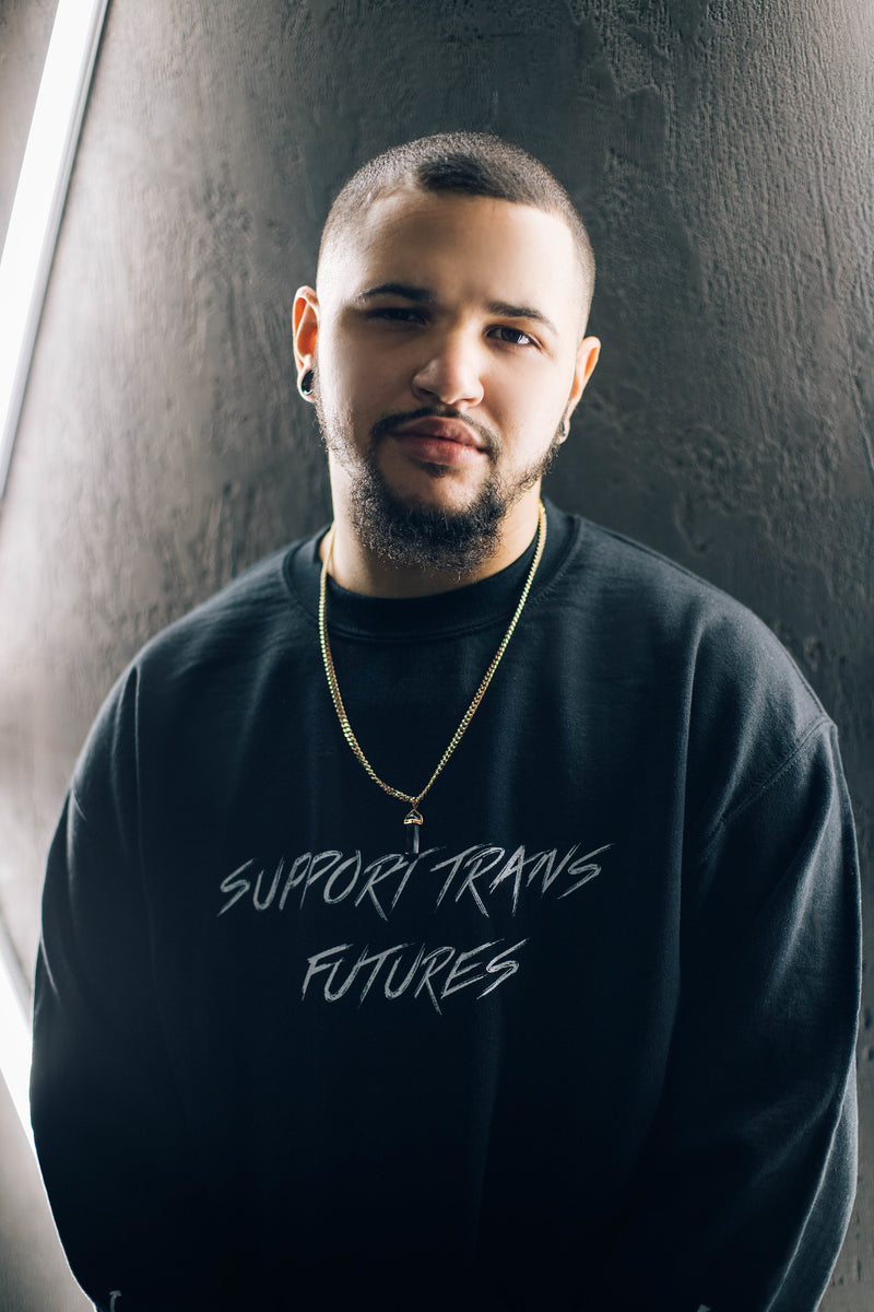 "Support Trans Futures" Black Crewneck with Globe Back