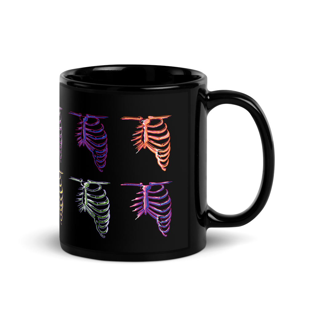 black mug with skeleton bones in different colorways 