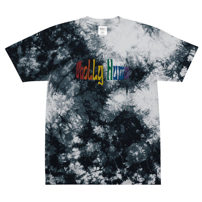 embroidered wholly human logo in rainbow flag colors on oversized tie-dye t-shirt