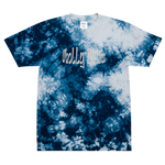 "wholly human" embroidered on a tie-dye oversized t-shirt
