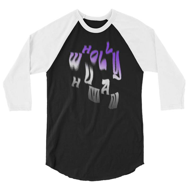 wholly human logo in asexual flag colors on baseball shirt