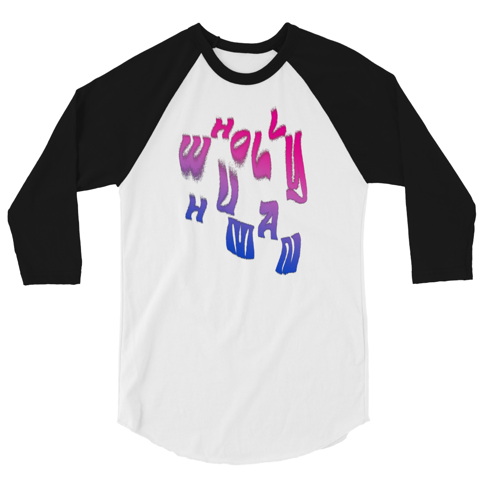 wholly human logo in bisexual flag colors on baseball raglan shirt
