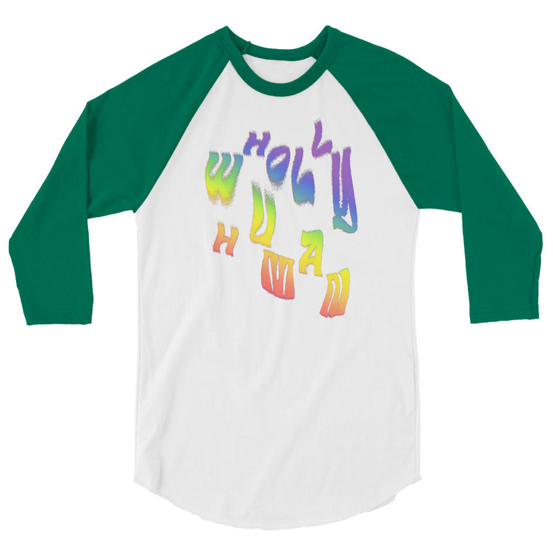 wholly human logo in rainbow flag colors on baseball raglan shirt