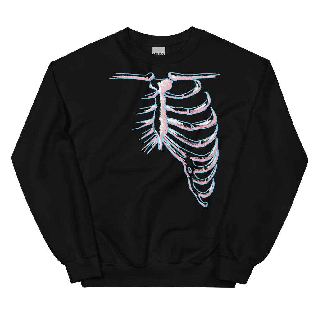 sweatshirt design features human bones in trans flag colors