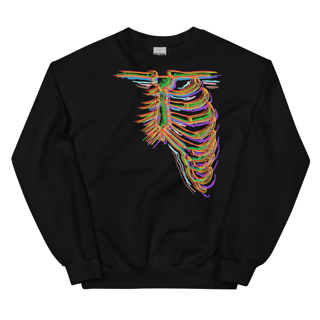 sweatshirt design features human bones in rainbow flag colors