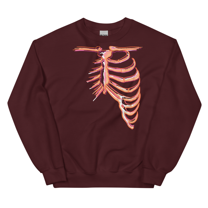 sweatshirt design features human bones in lesbian flag colors