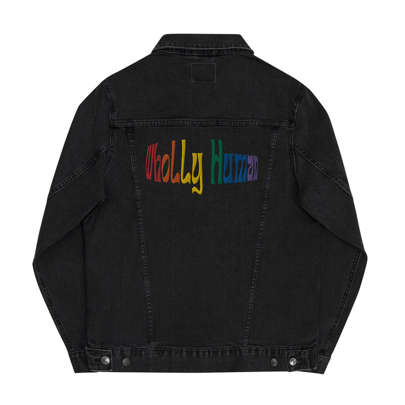 denim jacket featuring wholly human logo in rainbow flag colors