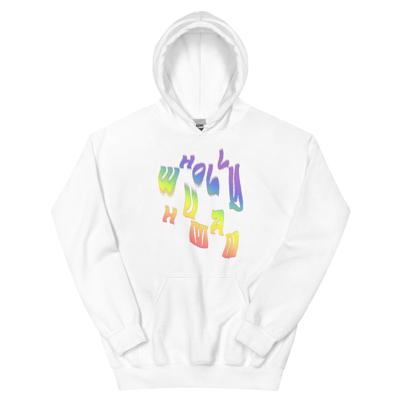 hoodie featuring wholly human logo in rainbow flag colors