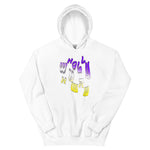 hoodie featuring wholly human logo in non-binary flag colors
