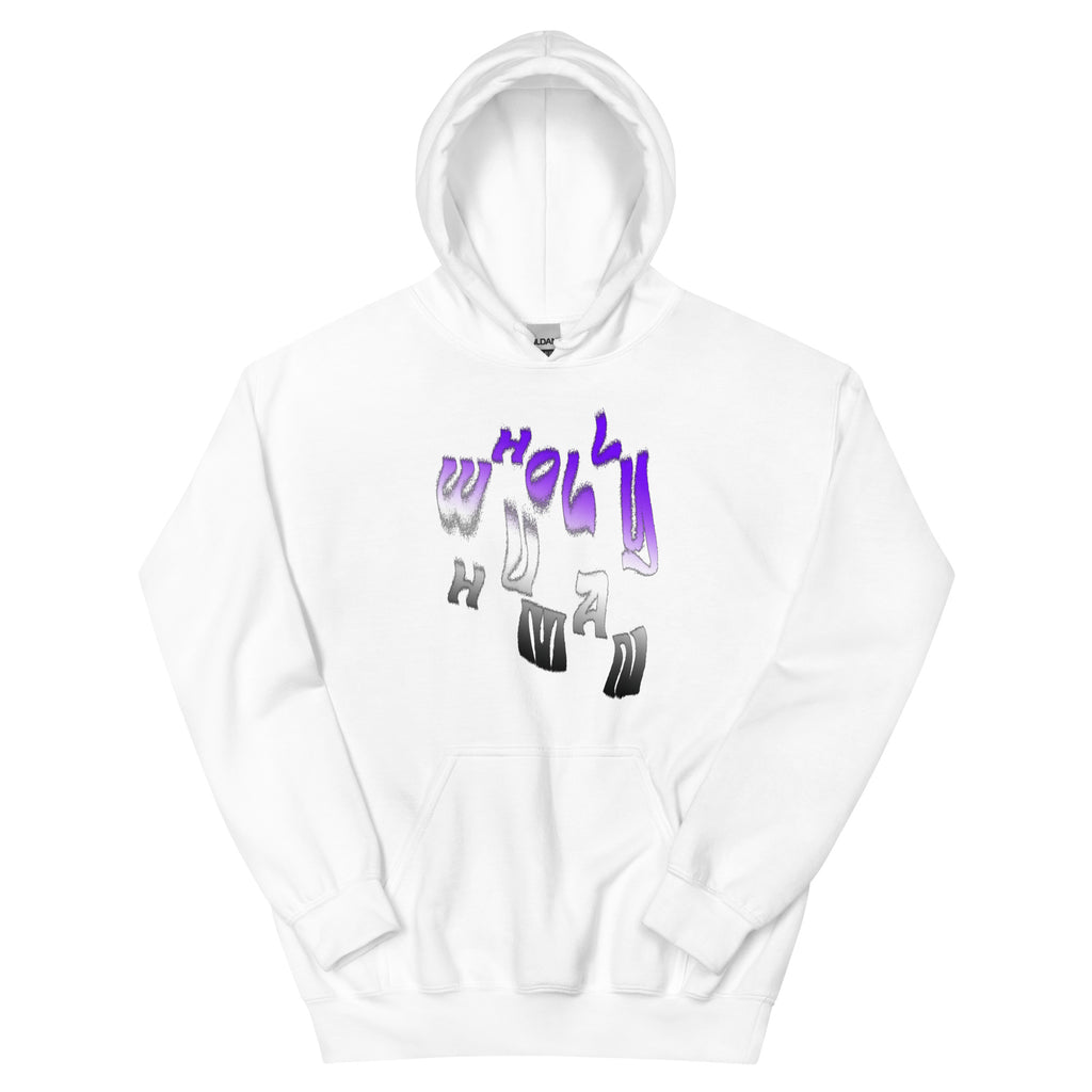 hoodie featuring wholly human logo in asexual flag colors 