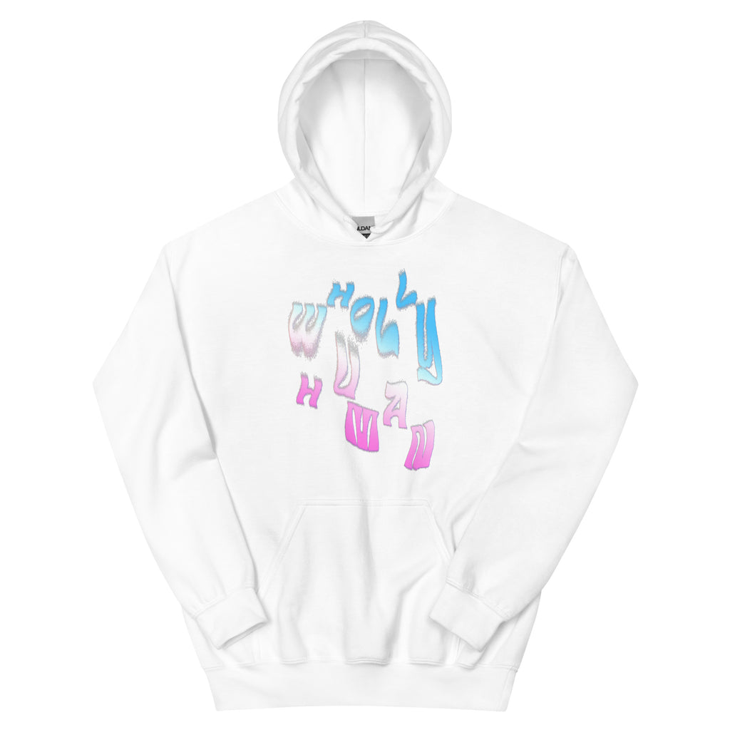 hoodie featuring wholly human logo in trans flag colors