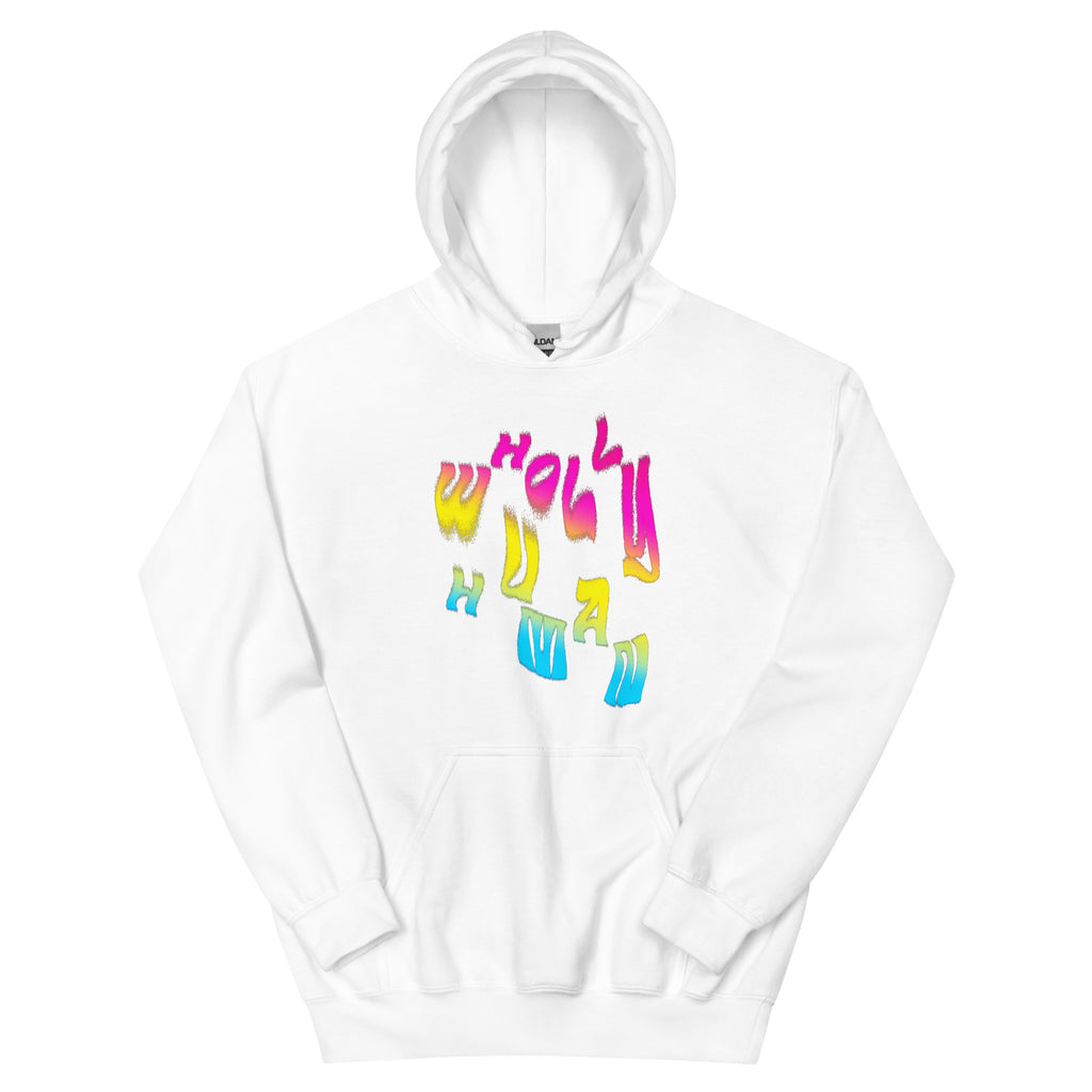 hoodie featuring wholly human logo in pansexual colors