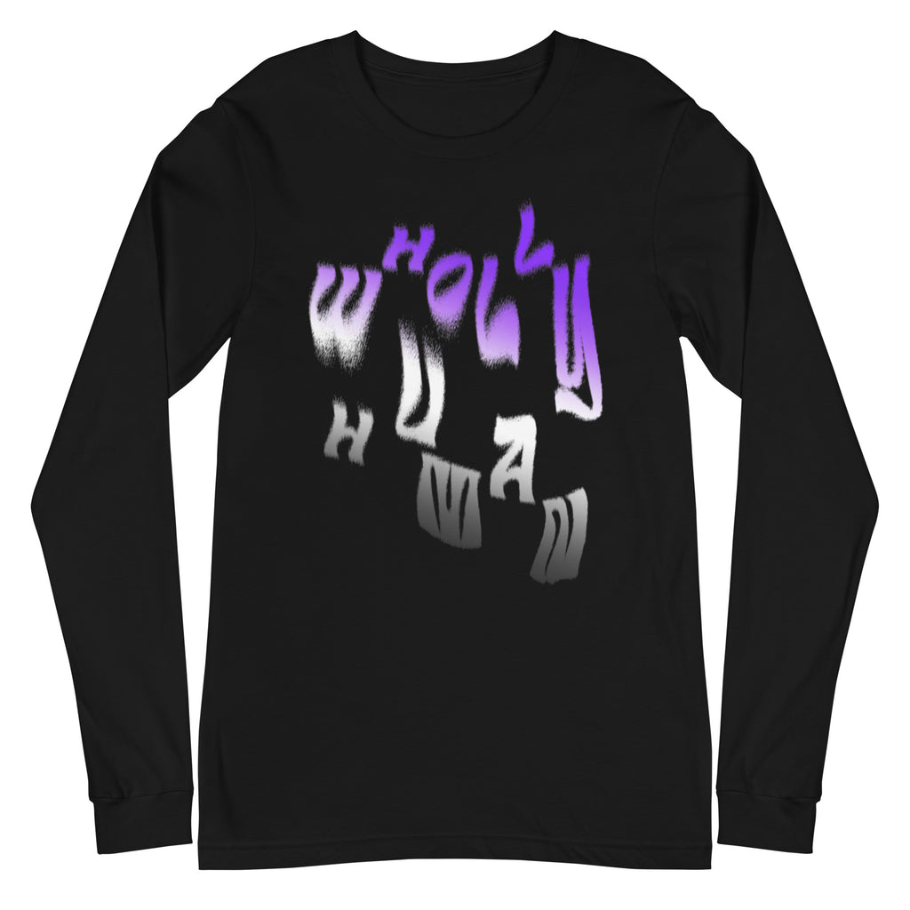 wholly human logo in asexual flag colors on black long sleeve tee