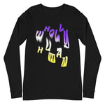 wholly human logo in non-binary flag colors on black long sleeve tee