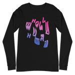 "wholly human" logo in bisexual flag colors on black long sleeve tee