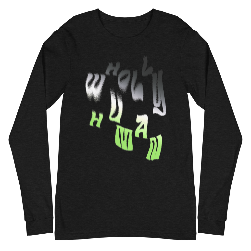 long sleeve tee with "wholly human" logo in agender colors