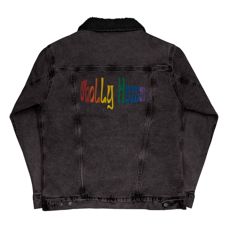 denim sherpa jacket featuring wholly human logo in rainbow flag colors