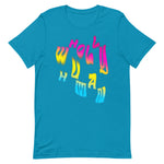 t-shirt featuring wholly human logo in pansexual flag colors