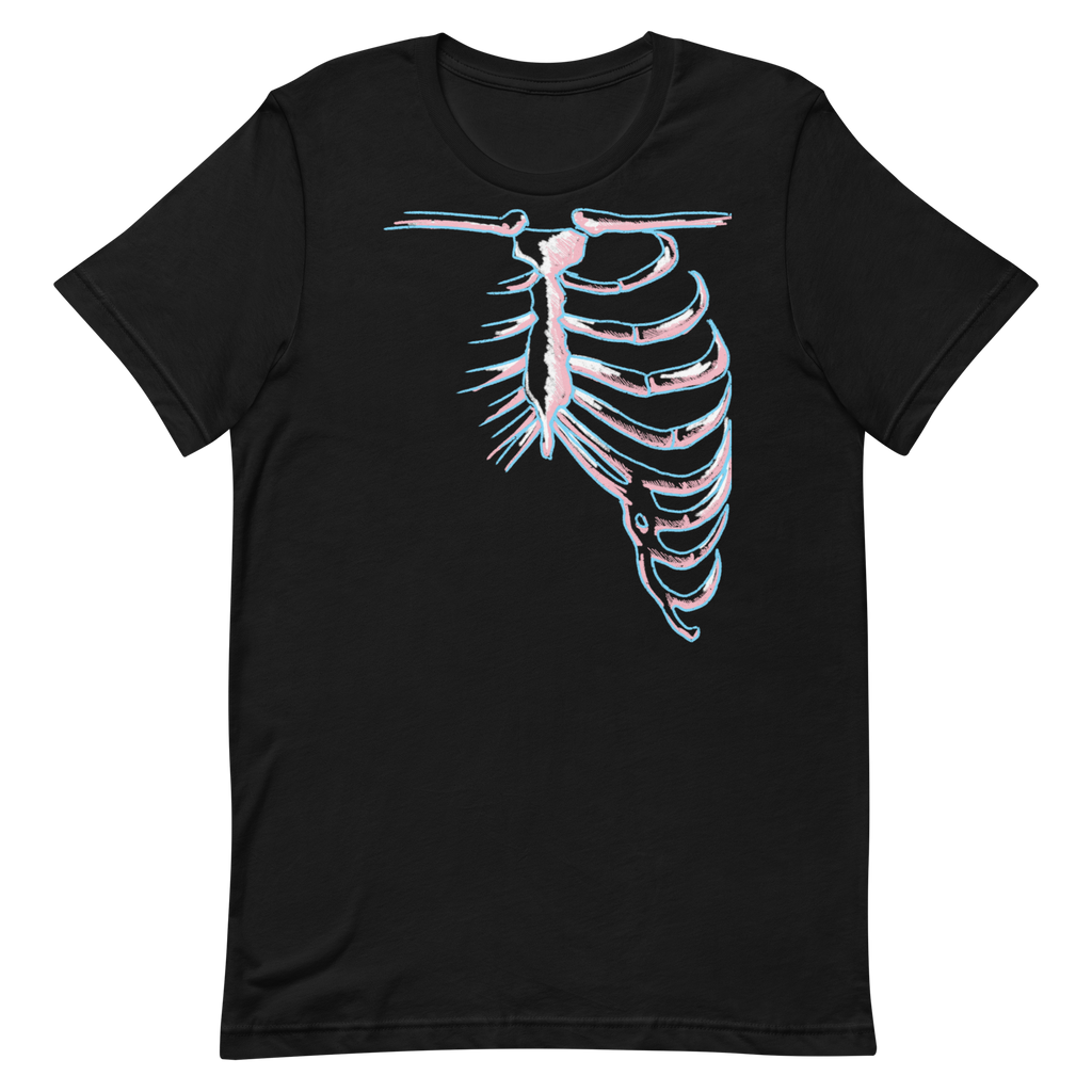 t-shirt design features human bones in trans flag colors