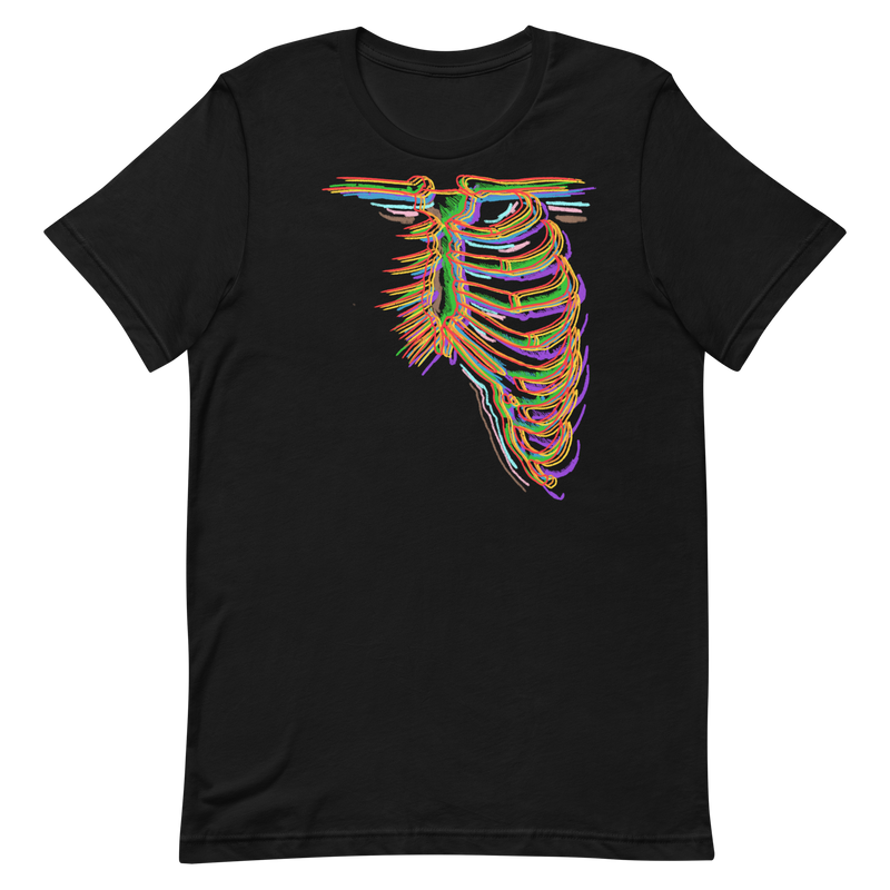 t-shirt design features human bones in rainbow flag colors