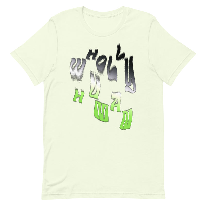 t-shirt featuring wholly human logo in agender flag colors