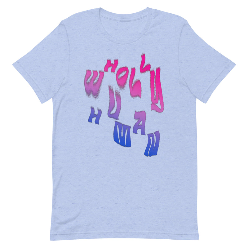 t-shirt featuring wholly human logo in bisexual flag colors