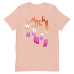 t-shirt featuring wholly human logo in lesbian flag colors
