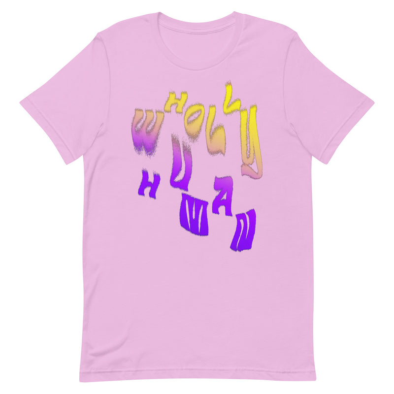 t-shirt featuring wholly human logo in intersex flag colors 